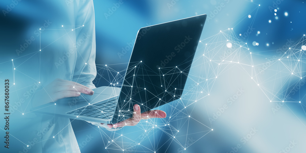 Poster close-up of hands typing on a laptop with digital network connections on a blue abstract background,