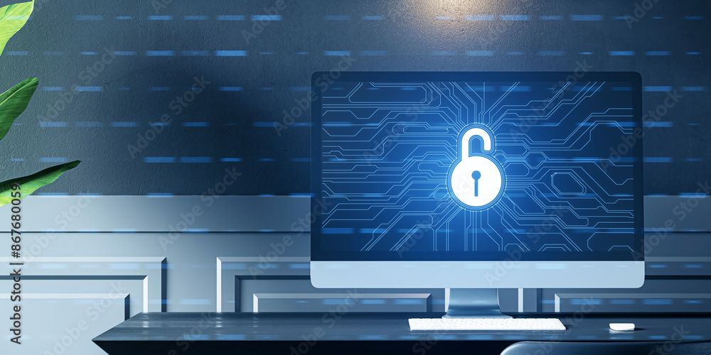 Poster An office desk with a computer displaying a lock icon over a digital circuit background, symbolizing cybersecurity on a blue-themed setup