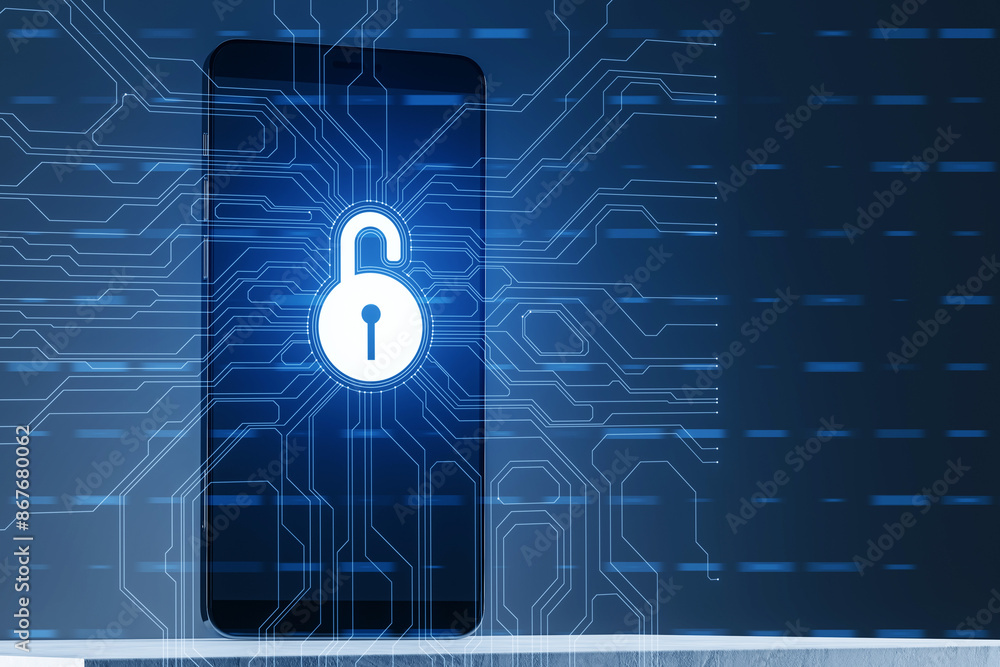 Poster A smartphone with a digital lock on a circuit board background, representing cybersecurity concept in a digital illustration style on dark blue background