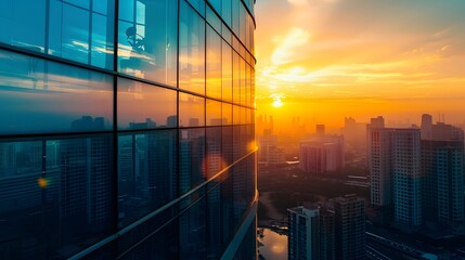 Golden Hour Cityscape Reflected in Glass Building