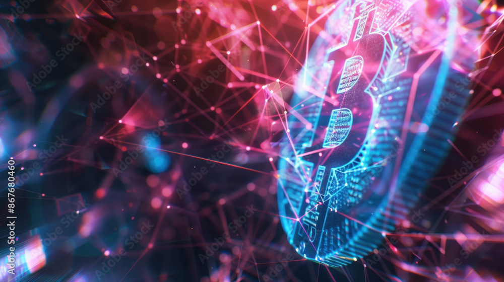Poster digital cryptocurrency bitcoin with futuristic glowing network connections and blockchain technology