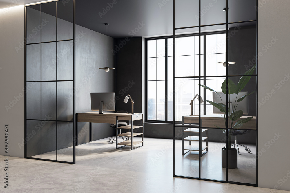 Poster modern office interior with desk, computer, and plant, featuring a minimalist design on a grey backg