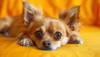 Relaxed Dog Resting on a Bright Yellow Cushion.