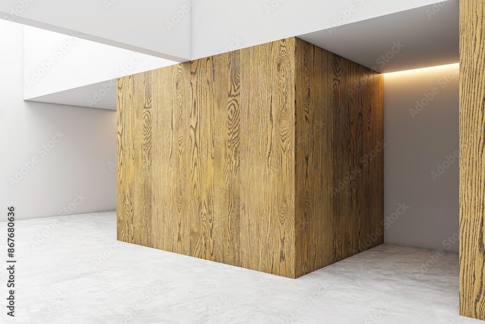 Poster an interior view of a modern gallery with wooden walls and white floor, ambient lighting, empty spac