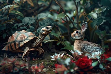 Obraz premium In a twist of fate, a tortoise leads the race against the hare, embodying strategy and leadership in an unexpected turn of events
