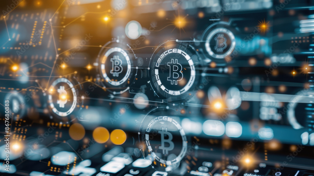 Poster digital illustration of bitcoin network, futuristic blockchain technology with cryptocurrency symbol
