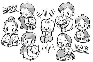 人物　赤ちゃんを抱っこする父母　グレー