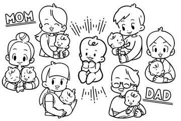 人物　赤ちゃんを抱っこする父母　線画