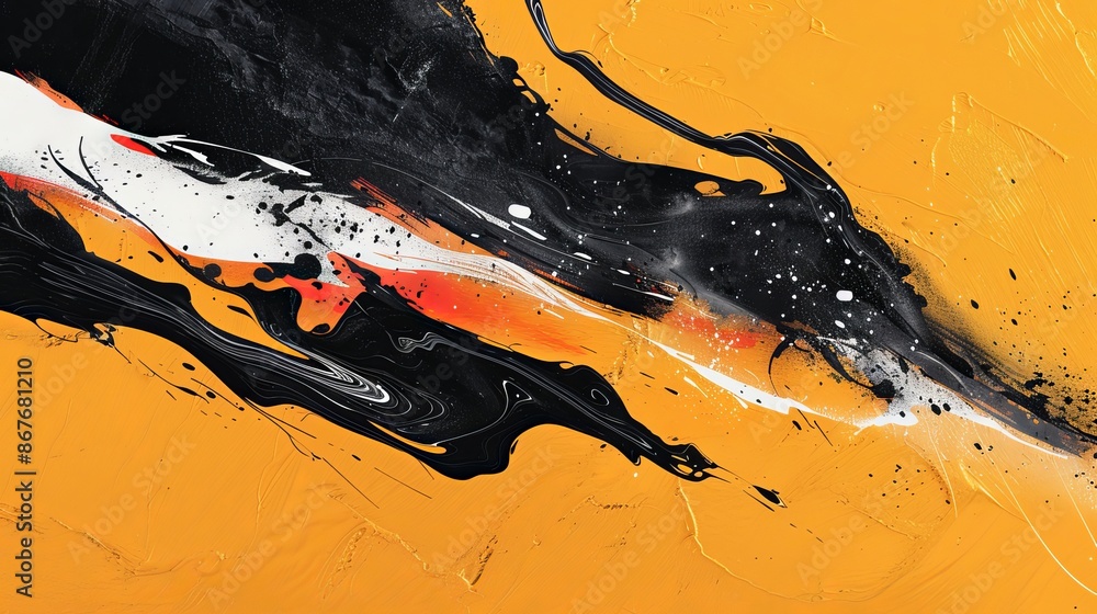 Poster A vivid abstract wallpaper with a dynamic mix of orange and black paint splatters on a textured background