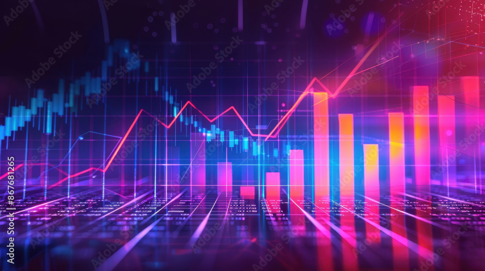 Poster colorful financial data charts with bar graphs and line graphs representing stock market analysis