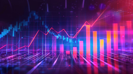 Colorful financial data charts with bar graphs and line graphs representing stock market analysis