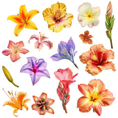 Fototapeta premium Beautiful collection of colorful exotic flowers. Perfect for botanical designs, nature themes, and floral decorations.