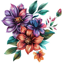 Beautiful digital illustration of a vibrant floral bouquet with colorful petals and lush green leaves, perfect for spring themes.