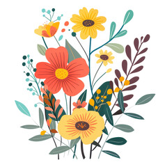 Colorful botanical illustration of vibrant flowers and leaves, perfect for spring designs and nature-themed projects.