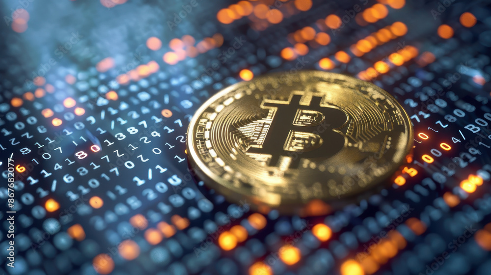 Poster Golden Bitcoin on Digital Binary Code Background with Glowing Orange Lights