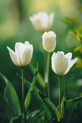 Spring garden blossoms three white tulips with lush green leaves and sunlight in background