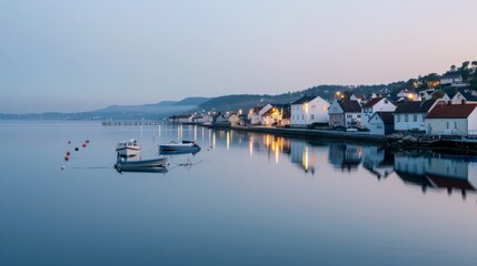 Fototapeta premium A panoramic view of a coastal town at dusk, with twinkling lights from houses and boats reflecting on the calm sea.