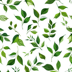 Seamless pattern of various green leaves on a black background, perfect for nature-themed designs and projects.