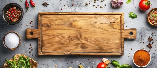 Mockup of food menu with empty wooden board on a concrete table, including cooking ingredients like spices, greens, and tomatoes