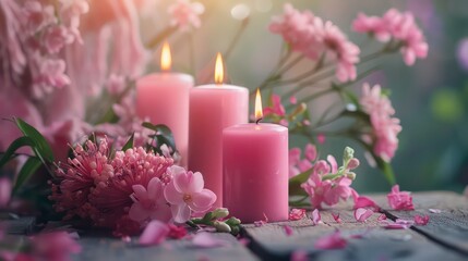 Pink candles with pink flowers background. Generative AI