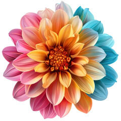 Obraz premium Vibrantly colored abstract flower with a blend of pink, orange, yellow, and blue petals, creating a vivid and eye-catching design.