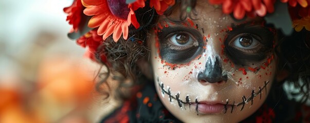 A child dressed up for Halloween in a creative costume, their face painted and their eyes sparkling.