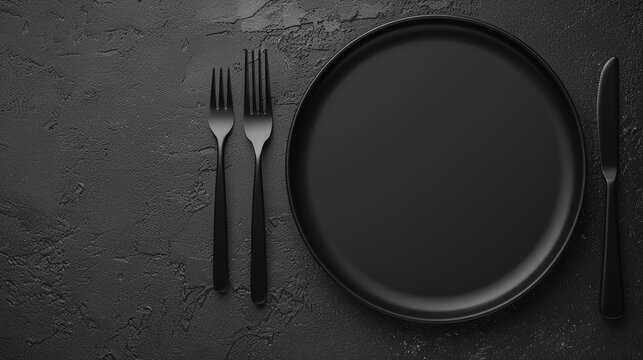 Black empty plate and cutlery, fork and knife, on a dark textured background. Mockup concept for the design of a restaurant menu, website or design - Powered by Adobe
