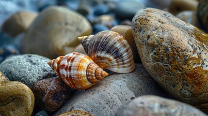 Vivid shells among rocks featuring shells with a short focal length
