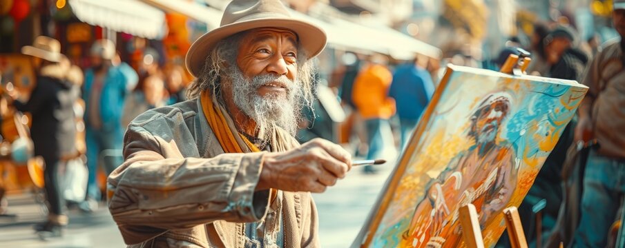 An artist sketching portraits of street musicians in a lively city square, capturing the soulful expressions and passion in their music.