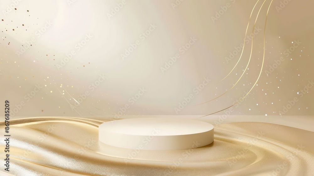 Poster realistic cream color product podium with golden lines sparkle. luxury 3d style background concept. 