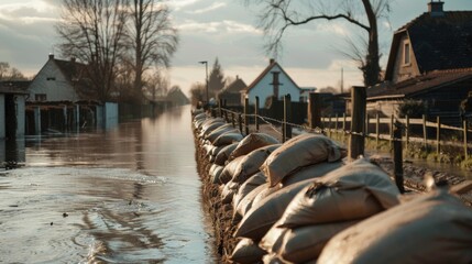 Flood protection sandbags protecting village from water