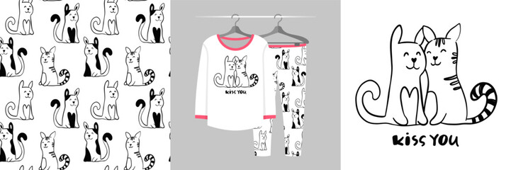 Seamless pattern and illustration for kid with two cats. Best friends bundle. Kiss you text. Cute design pajamas. Baby background for fashion t-shirt print, birthday invitation card, wrapping