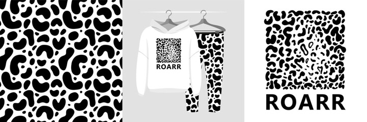 Fototapeta premium Seamless pattern and illustration set with leopard spots and Roarr text. Aesthetic design pajamas, background for apparel, room decor, tee prints, fabric, wrapping