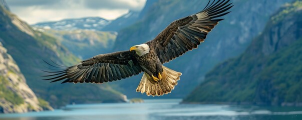 A majestic eagle soaring through the sky, its wings outstretched as it surveys the landscape below.