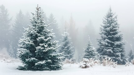 Naklejka premium Snowing in a winter forest with Christmas trees creates a natural background The wide format image offers ample copy space to enhance its versatility