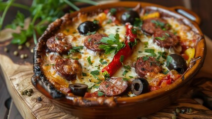 Stuffed kumpir cheese, sausage, olives, peppers background. Generative AI