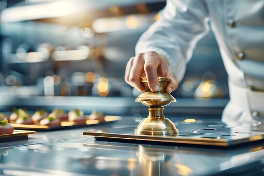 Chef's Hand Ringing Luxury Restaurant Bell on Elegant Dining Table
