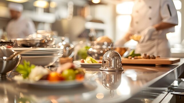 The shimmering silver bell on the elegantly set chef's table in a fine dining restaurant