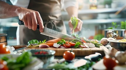 Chef grabbing knife while kitchen staff prepare fresh ingredients for meal