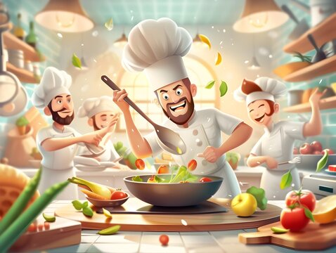 Skilled kitchen brigade in action, preparing delectable culinary delights with energy and precision