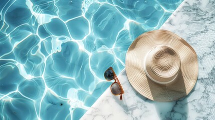 Minimalistic Fashion Scene with Sunglasses and Straw Hat by a Marble Pool, Highlighted by Wave Patterns and Light Reflections