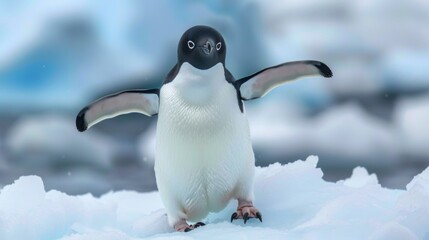 Fototapeta premium A close-up shot of a penguin standing on ice, its wings spread wide open, captured in a serene icy landscape. This image showcases the bird's beauty and the cold environment.