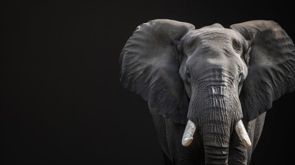 Close-up image of an elephant with a dark background, showcasing the detailed texture of its skin and its majestic tusks. The dark background highlights its features.