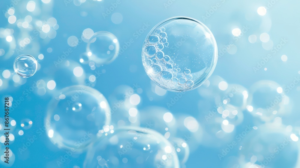 Poster the image features air bubbles floating in a light blue background with ample space. generative ai