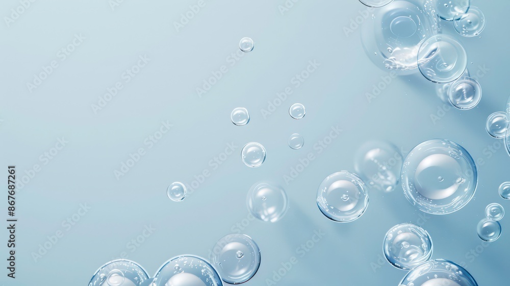 Poster the image features air bubbles floating in a light blue background with ample space. generative ai