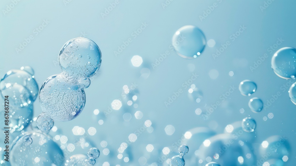 Poster the image features air bubbles floating in a light blue background with ample space. generative ai