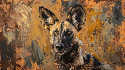 This painting features an African Wild Dog captured in a vibrant, abstract style with striking colors and bold brushstrokes, emphasizing the animal's unique markings and expressive eyes.