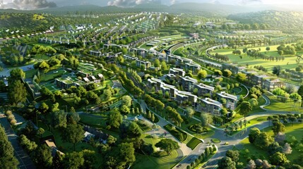 A sustainable urban landscape with mixed-use developments surrounded by green spaces.
