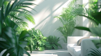 Fototapeta premium Side view of Modern serene white living room with soft sofa with surrounding fern and bush monstera houseplants. Eco interior design