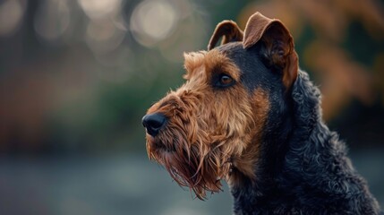 This image features a side profile of a dog in an outdoor setting with moody lighting, highlighting the dog's contemplative expression and the beautiful texture of its fur.
